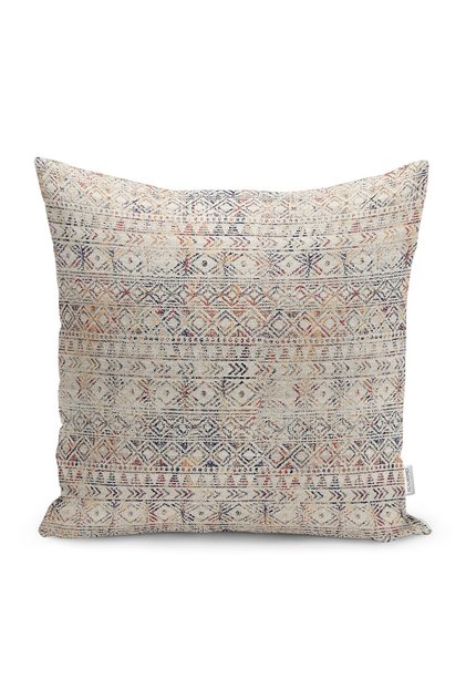 Cream-colored cushion cover with bohemian motif and distressed design.