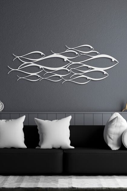 School Of Fish Metal Duvar Dekorasyonu - Beyaz - 150 X 53 Cm