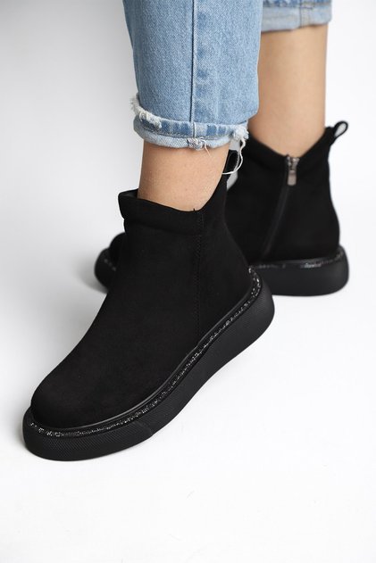Lorenza Stone Detailed Zippered Suede Women's Bootie Black