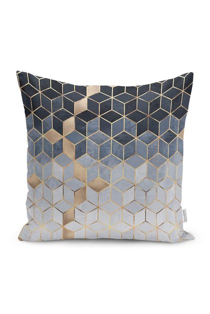 Gray - Geometric Patterned Digital Printed Pillow Throw Pillow Cover with Mosaic Motif on Blue Background