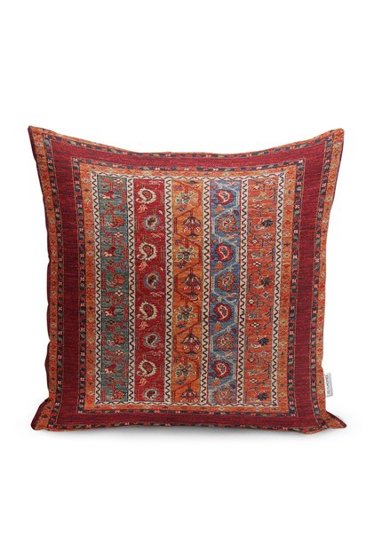 Ethnic Patterned Digital Printed Pillow and Throw Pillow Cover with Traditional Motifs on Red Background
