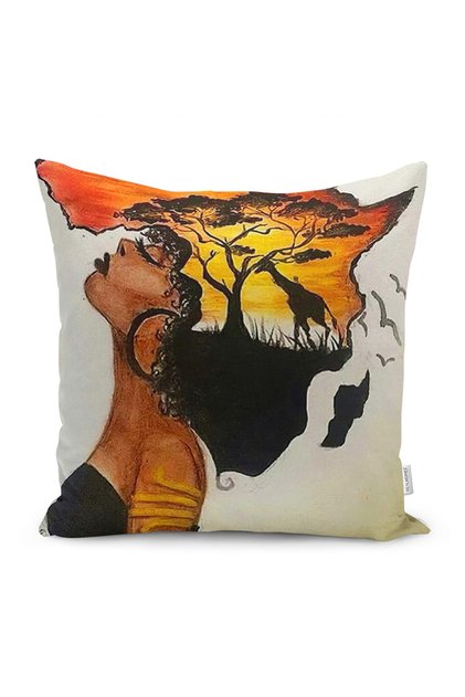 Ecru - African Women's Motif Abstract Pattern Digital Printed Pillow Cushion Cover on Orange Background