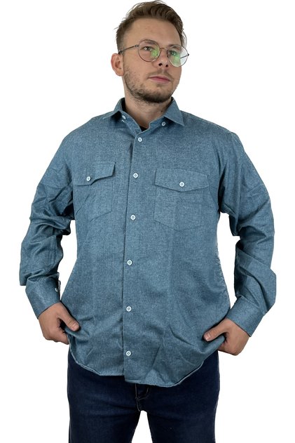 Classic Double Pocket Flap Plain Melange Petrol Blue Winter Men's Shirt