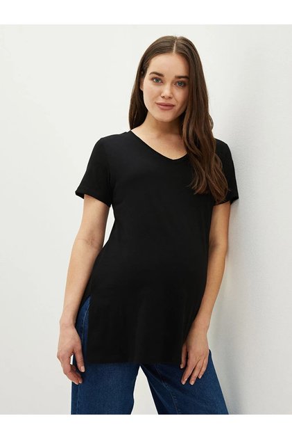 V-Neck Plain Short Sleeve Cotton Maternity T-Shirt