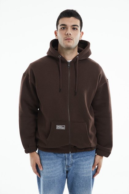 Eazy Premium Oversize Hooded Jacket Unisex Dark Brown Thick Cardigan