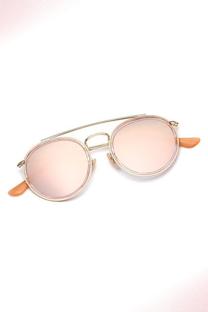 Women's Sunglasses Round Design Gold Frame Mirrored Pink Glass