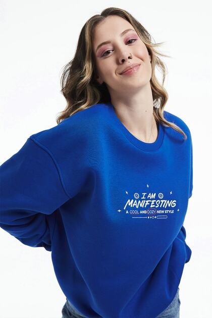 Eazy Manifest Oversize Unisex Cobalt Blue Crew Neck Thick Sweatshirt