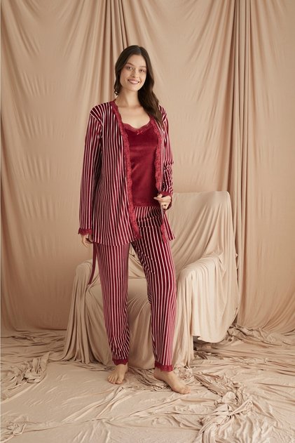 Velvet Triple Pajama Set in French Guipure Striped Velvet