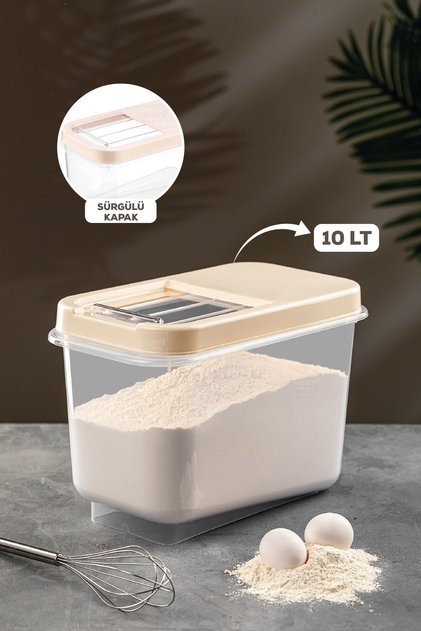 10 Lt Bakliyat Saklama Kabı - Kayar Kapaklı Erzak Saklama Kabı Un Kabı Krem