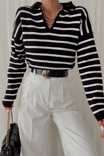 Woman Black Striped 1.Quality Polo Collar Print Knit Sweater