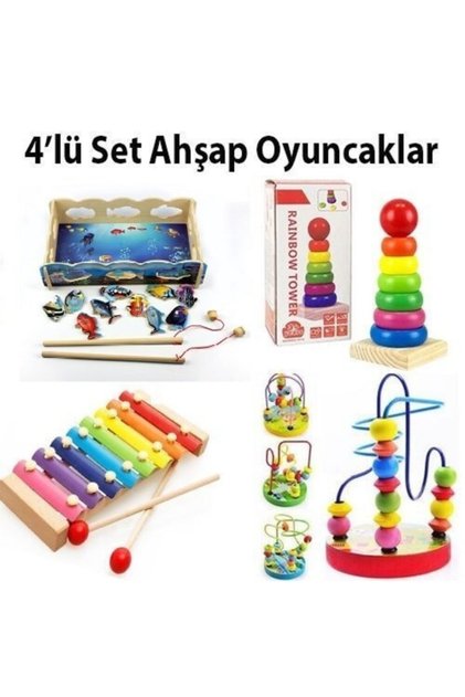 4'in 1 Set Eğitici Ahşap Oyuncaklar Selefon Mini Tel Labirent Helezon Tekli Kule Balık Tutma