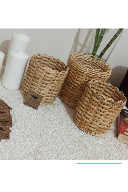 Hasır Bambu Rattan Banyo Organizeri 3 Lü