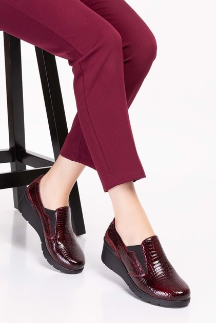 Genuine Leather Anatomical Sole Comfortable Shoes Esfa.4052 - Claret Red Croco - 41
