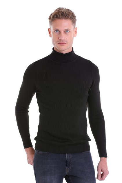 Black Comfort Fit Ribbed Turtleneck Wool Wool Sweater
