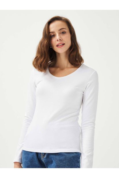 Xint Kadın Beyaz U Yaka Pamuklu Rahat Kesim Basic Uzun Kollu Tişört - 1