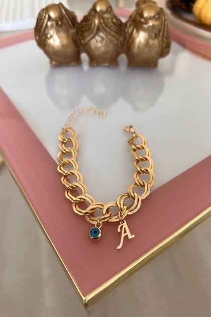 Letter a Evil Eye Hanging Double Chain Bracelet