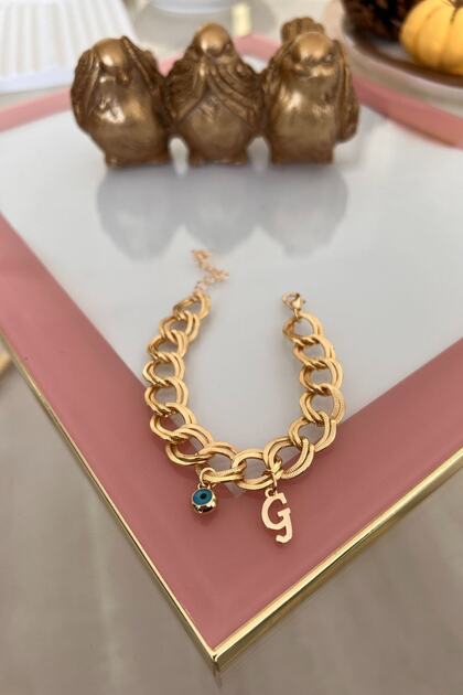 Double Chain Bracelet with Letter g and Evil Eye Hanging