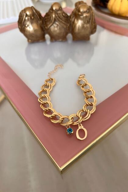 Double Chain Bracelet with Letter Ö and Evil Eye Hanging