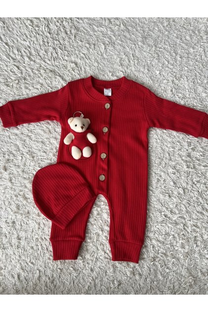 3-6-9 Months Baby Rompers with Hat Accessories and Teddy Bear Detail