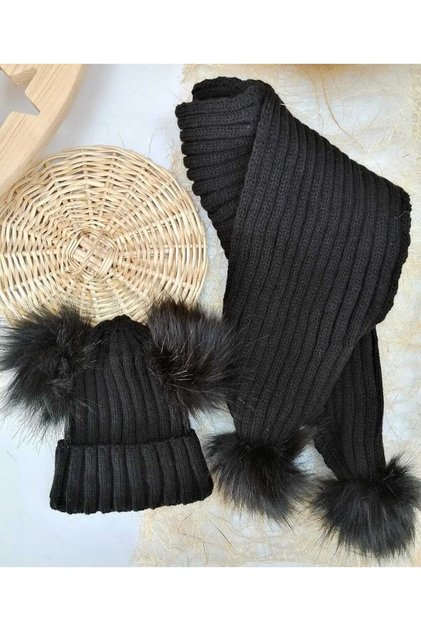 Kız Bebek Çocuk Ponponlu Kışlık Atkı Bere Takımı Siyah