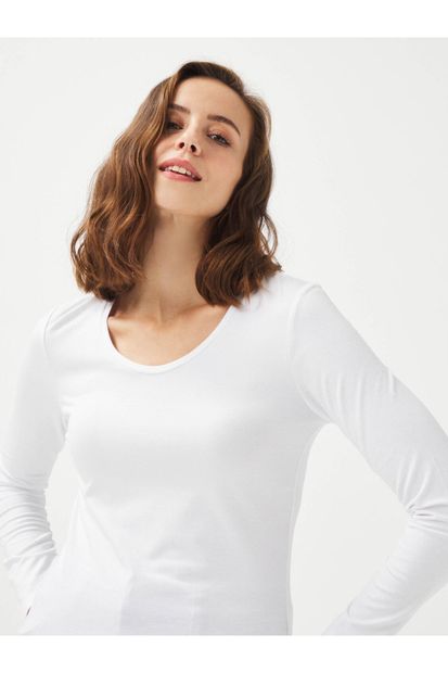 Xint Kadın Beyaz U Yaka Pamuklu Rahat Kesim Basic Uzun Kollu Tişört - 3