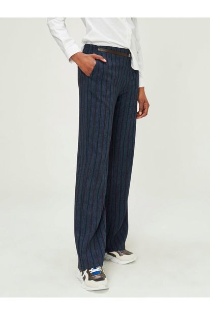 Xint Kadın Lacivert Yüksek Bel Geniş Paça Çizgili Pantolon - 3