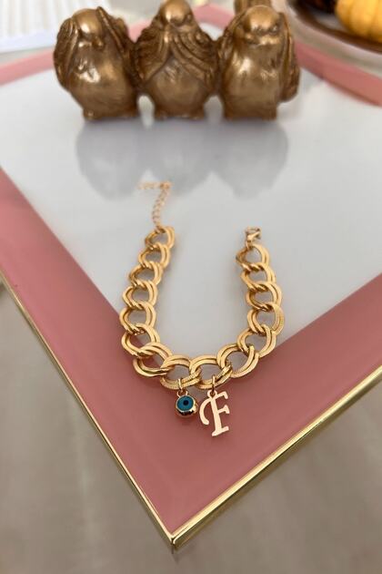 F Letter Evil Eye Hanging Double Chain Bracelet