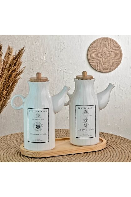 Pembelia Life 2 Adet 1 Lt Porselen Yağdanlık Ve Bambu Stand Altlık