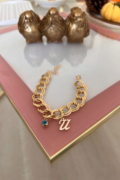 Ü Letter Evil Eye Hanging Double Chain Bracelet