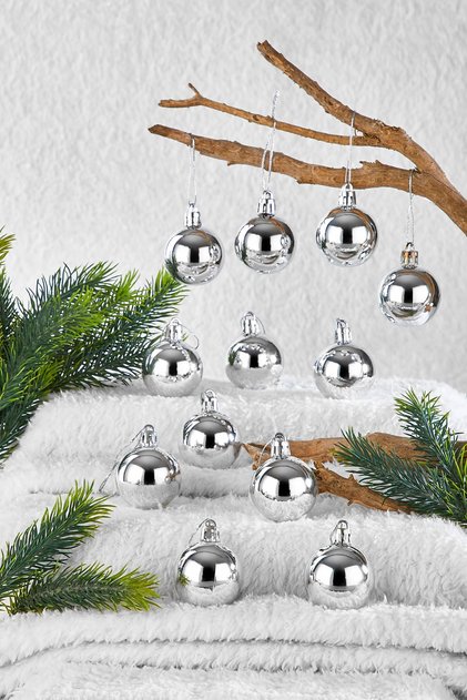 Ornament pentru brad de Crăciun, argintiu, 4 cm, 12 bucăți, bile Cici