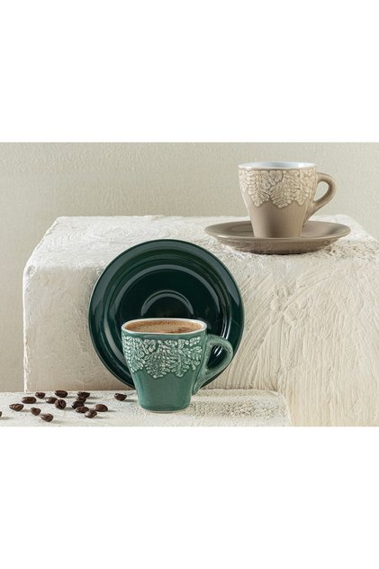 Rila Stoneware 4 Pieces Coffee Cup Set for 2 100 ml Beige - Green