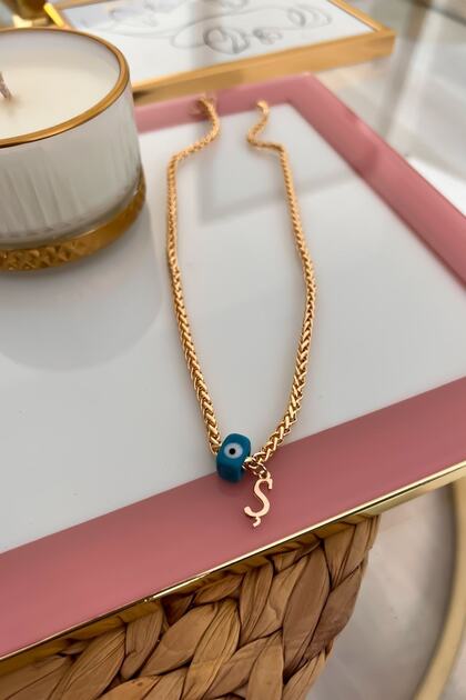 Knitted Chain Necklace with Letter S and Evil Eye Hanging