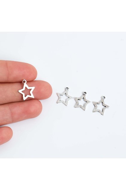10 Adet - 15 Mm Yıldız Desenli Metal Uç, Takı Malzemesi, Boyalı Gümüş Kaplama