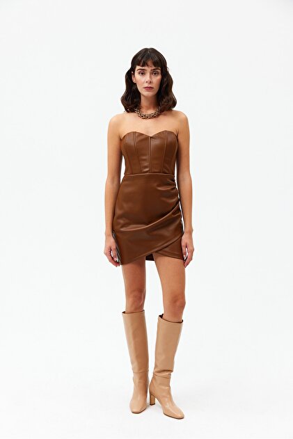 Aelya Okcu Strapless Faux Leather Dress with Drape Detail- Trendyol