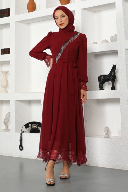 Steindetailliertes Chiffon-Abendkleid Weinrot 17200