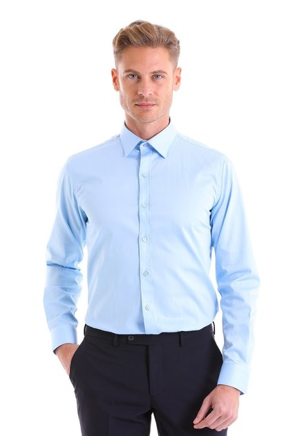 Blue Comfort Fit Plain 100% Cotton Slim Collar Long Sleeve Classic Satin Shirt