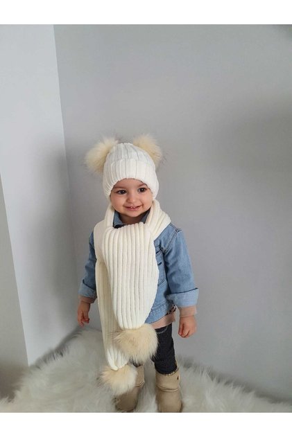 Krem Çift Ponpon Atkı&bere Takım