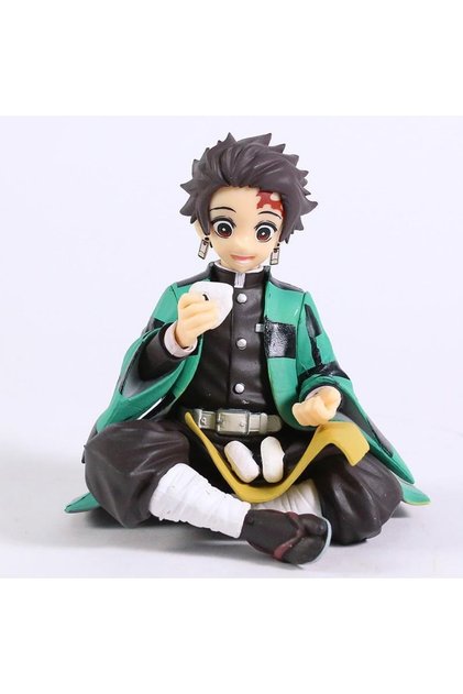 Tanjiro Figure Anime Demon Statue Toy Sitting Pose Eating Rice Balls 15 Cm