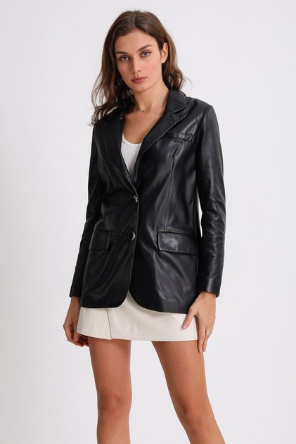 Siyah Kuzu Derisi Blazer Ceket