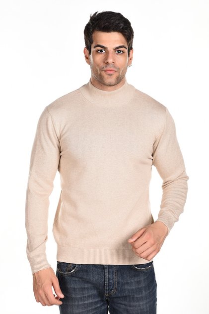 Dark Beige Men's Cotton Half Turtleneck Knitwear Sweater