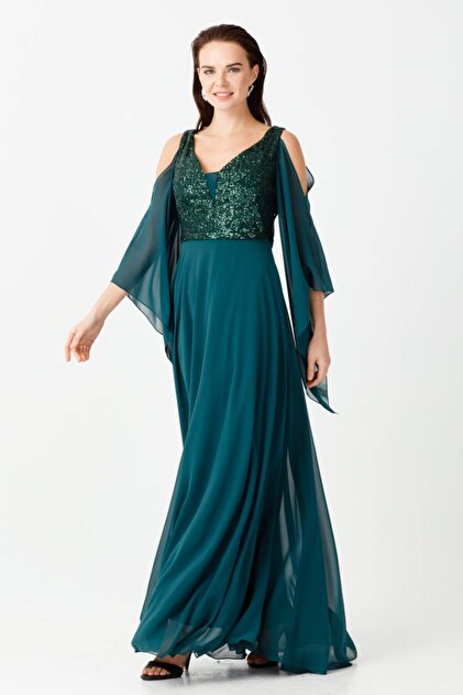MI Kadın Yeşil  Üstü Payetli Abiye Elbise - 1