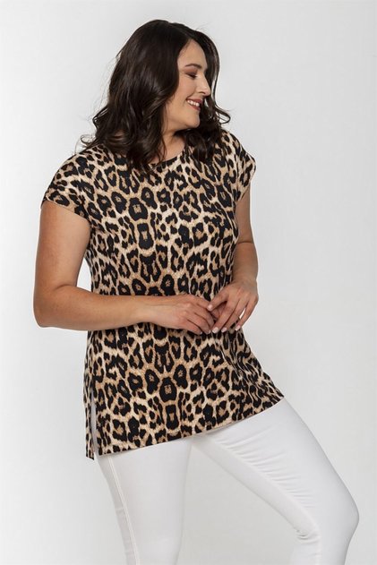 Round Neck Leopard Pattern Short Sleeve Slit Blouse-brown