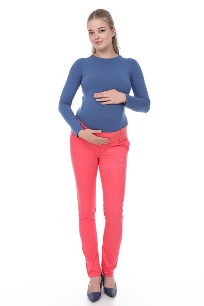 MİMBA Kadın Nar Renk Yarım Bel Dar Paça Kot Hamile Pantolonu - 1