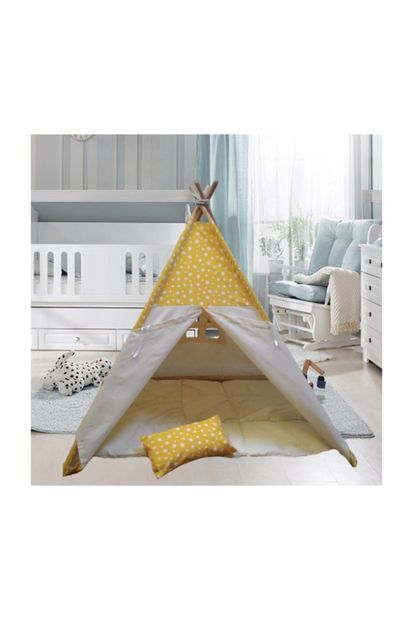 Altev Sarı Yıldız Ahşap Çocuk Çadırı Kızılderili Çadırı Oyun Evi Oyun Çadırı Kamp Çadırı Rüya Ev - 1