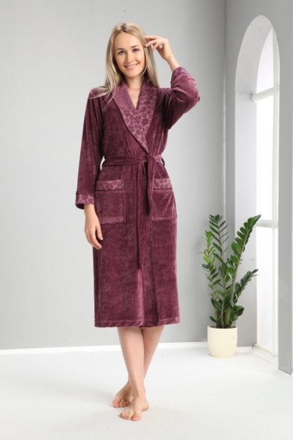 Kadın Mürdüm Yaka Jakarlı Bambu Cotton Bornozu