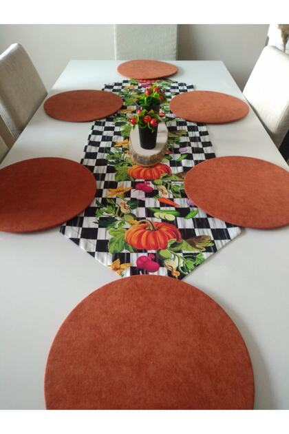 Placemat Set Dama Makkenzie Pumpkin Patterned Tassel Runner 6 Brick Color Plate