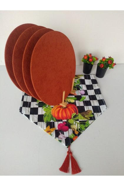 Placemat Set Dama Makkenzie Pumpkin Patterned Tassel Runner 4 Brick Color Plate