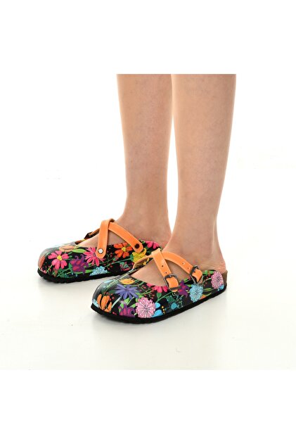 azizsahinshoes 5419 Renkli Çiçek Çapraz Sabo Terlik - Fiyatı