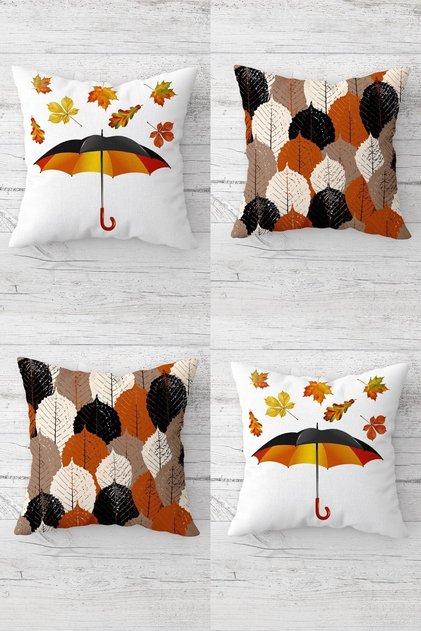 Autumn Leaf Umbrella Patterned Concealed Zippered Throw Pillow Cover Seat Pillow Cover Set (4pcs)