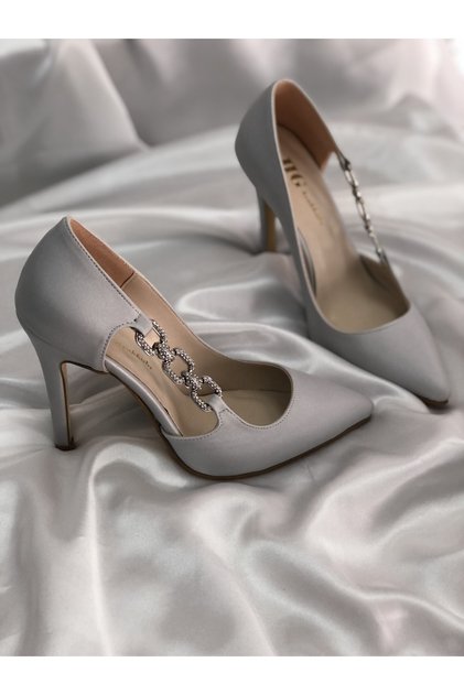 Silver Chain Buckle Detailed Matte Satin Heeled Stiletto